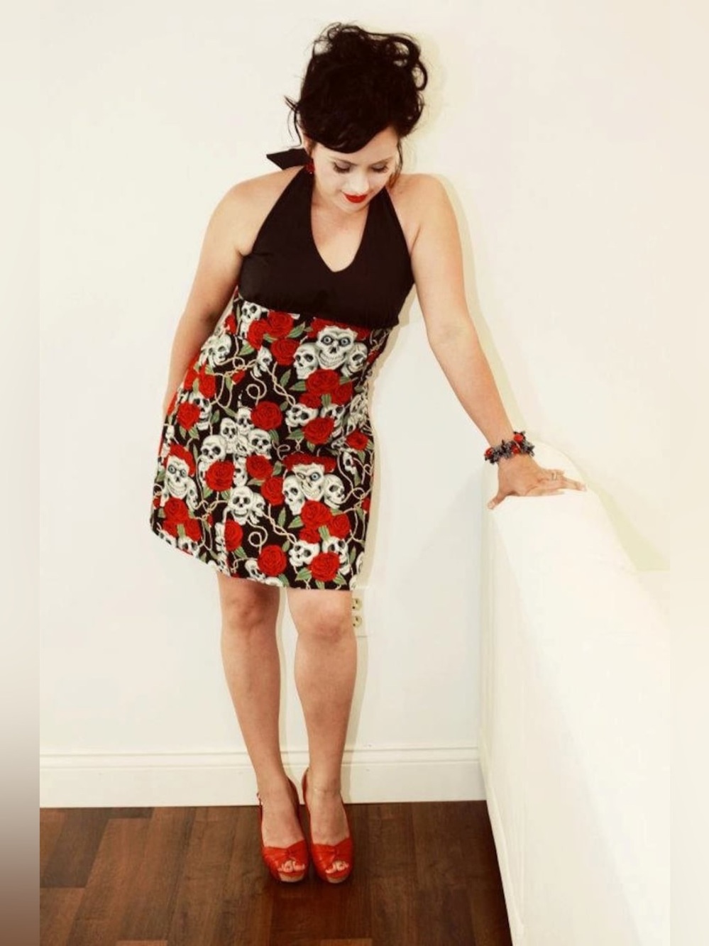 Black and Red Halter Dress with Skull and Rose Print